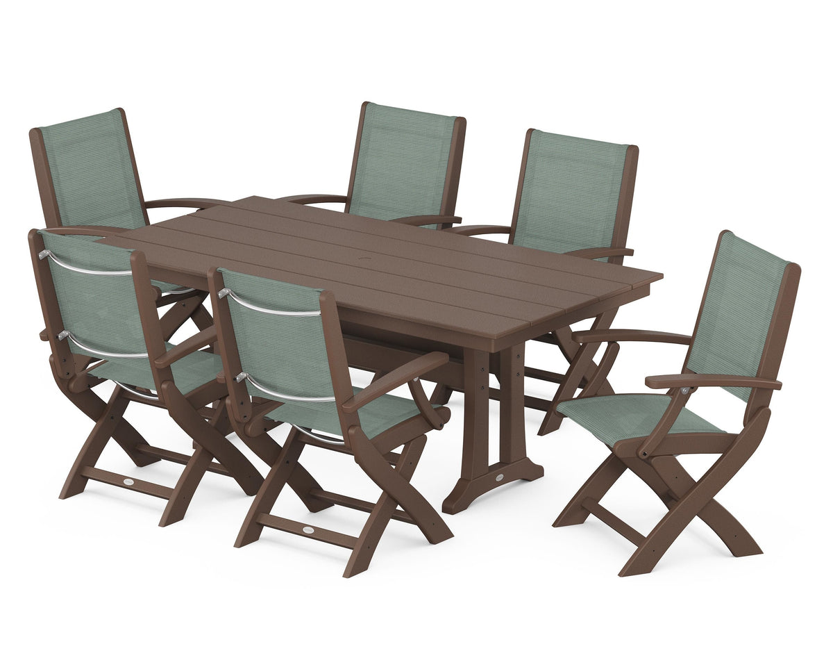 POLYWOOD Coastal Folding Arm Chair 7-Piece Farmhouse Dining Set with Trestle Legs in Mahogany / Dupioni Sea Mist