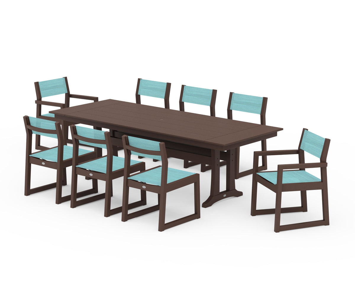 POLYWOOD EDGE Sling 9-Piece Farmhouse Trestle Dining Set in Mahogany / Dupioni Aquamarine