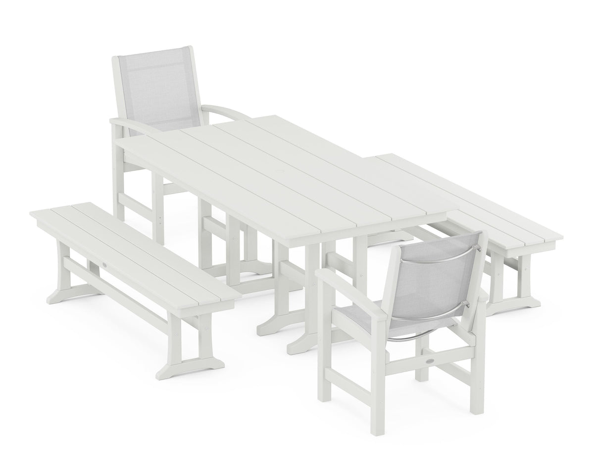 POLYWOOD Coastal 5-Piece Farmhouse Dining Set with Farmhouse 37" x 72" Dining Table in Vintage White / White
