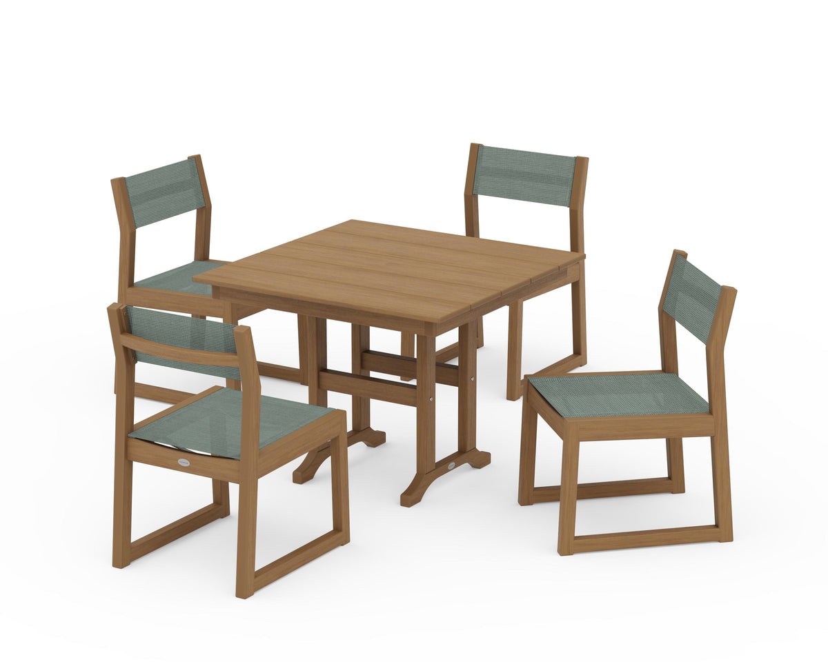 POLYWOOD EDGE Sling Side Chair 5-Piece Farmhouse Dining Set in Natural / Dupioni Sea Mist