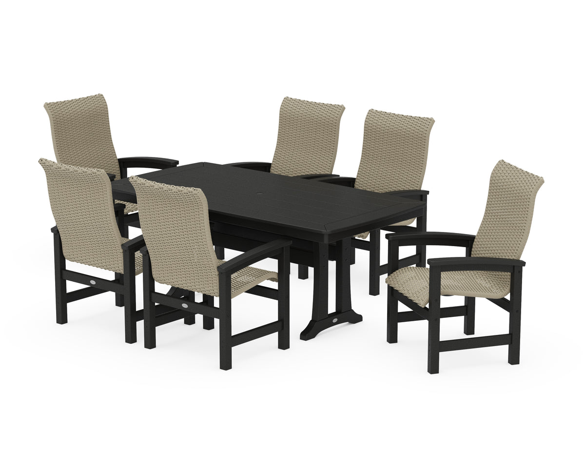 POLYWOOD Coastal Woven High-Back Arm Chair 7-Piece Dining Set with Trestle Legs in Black / Dune Grass