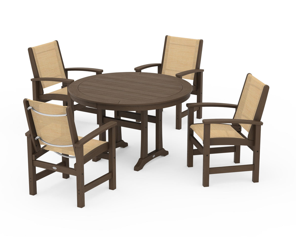 POLYWOOD Coastal 5-Piece Round Dining Set with Trestle Legs in Kona / Dupioni Apricot