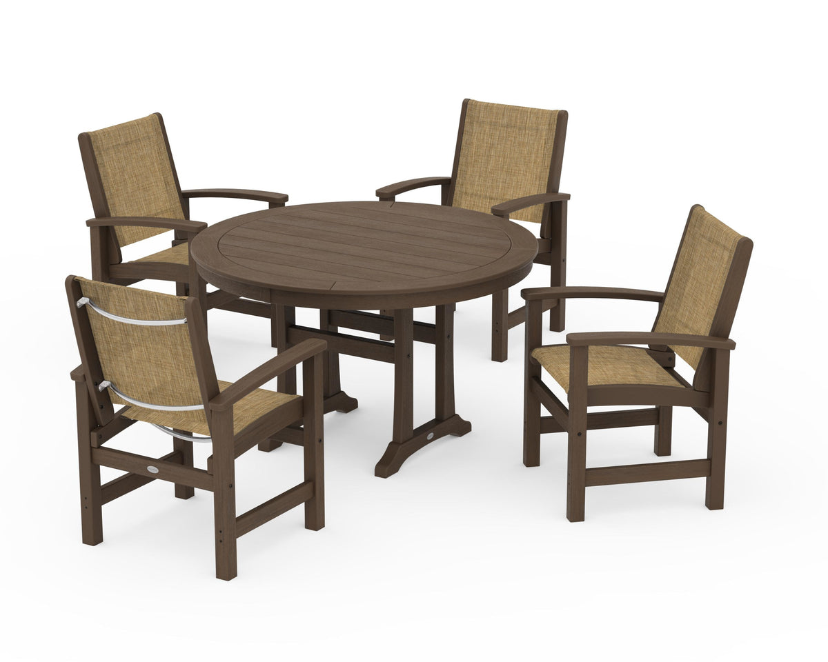 POLYWOOD Coastal 5-Piece Round Dining Set with Trestle Legs in Kona / Burlap