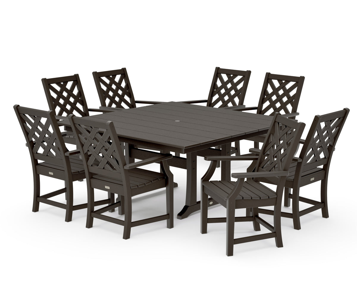 POLYWOOD Wovendale 9-Piece Square Farmhouse Dining Set with Trestle Legs in Vintage Coffee