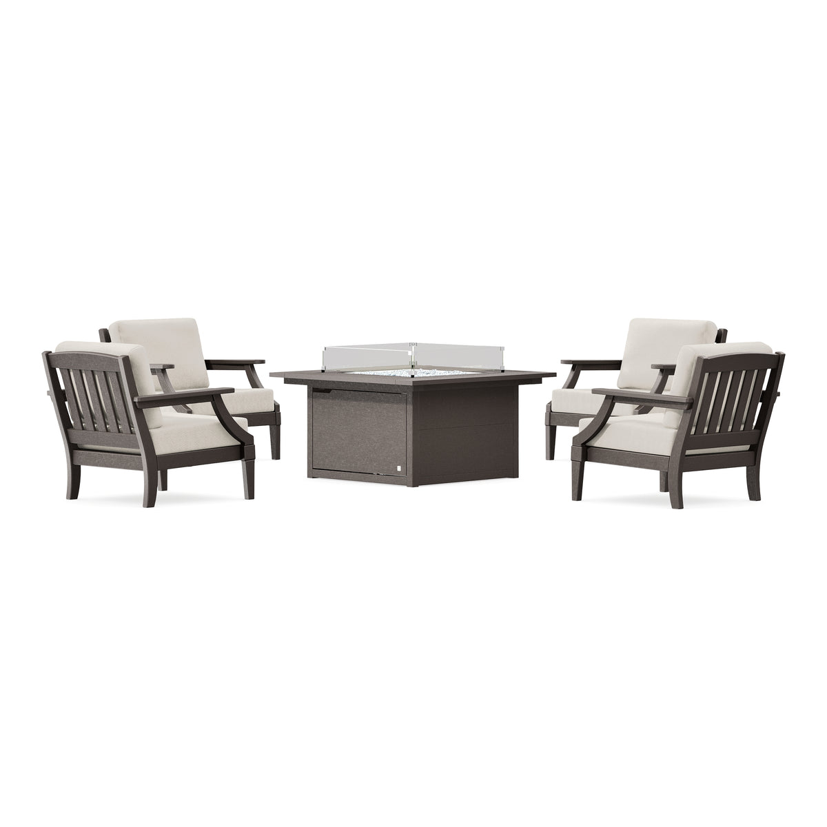 POLYWOOD PW Designer Series Estate 5-Piece Lounge Fire Table Set in Vintage Coffee / Dune Burlap