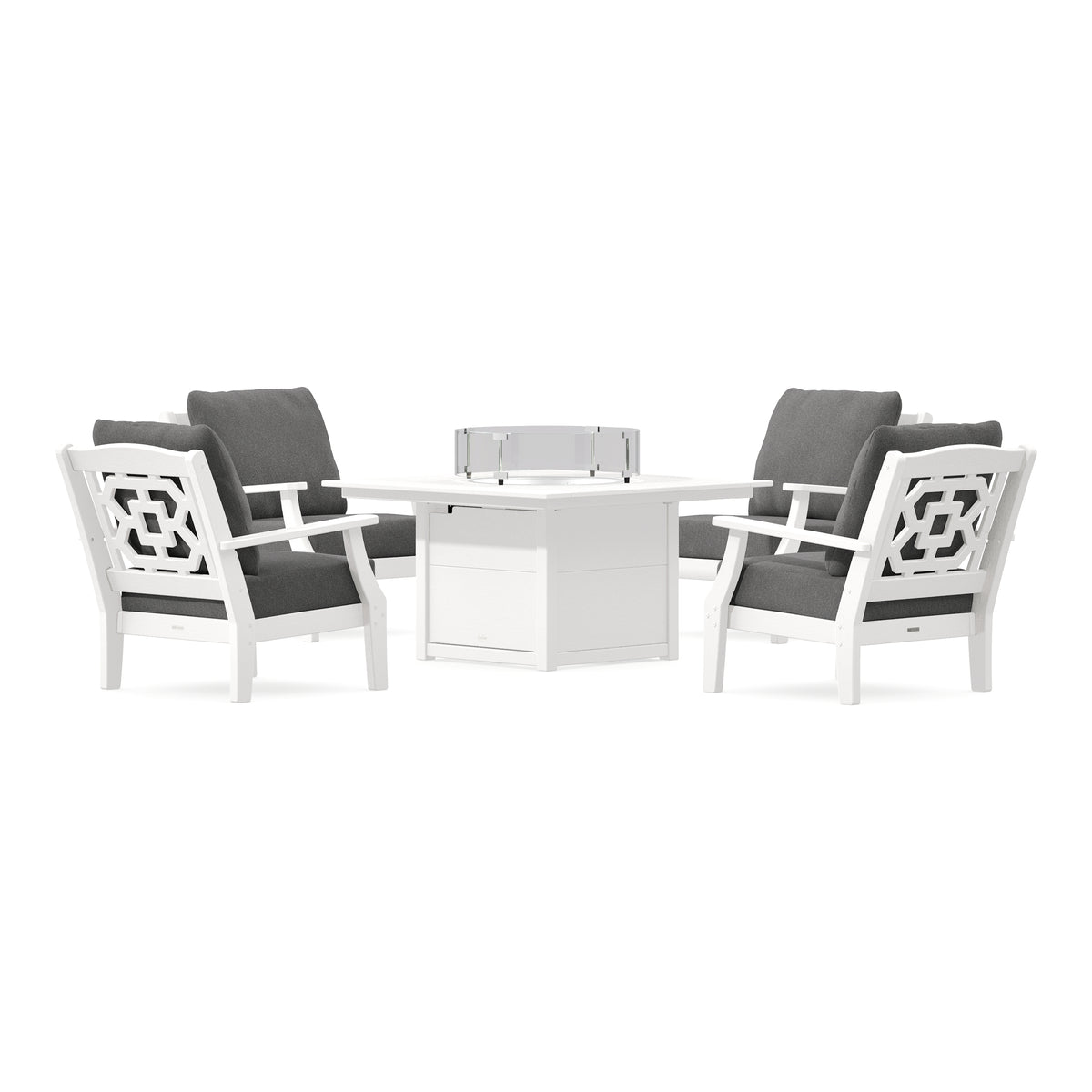 POLYWOOD Chinoiserie 5-Piece Deep Seating Set with Fire Pit Table in Vintage White