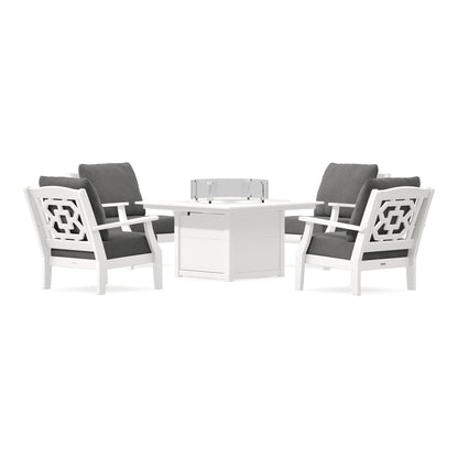 POLYWOOD Chinoiserie 5-Piece Deep Seating Set with Fire Pit Table in Vintage White