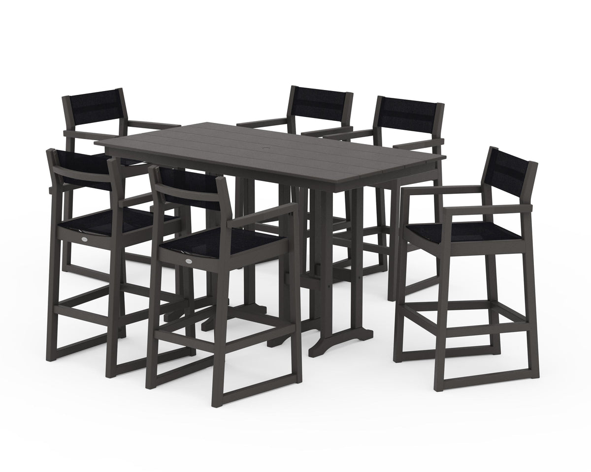 POLYWOOD EDGE Sling Arm Chair 7-Piece Farmhouse Bar Set in Vintage Coffee / Black
