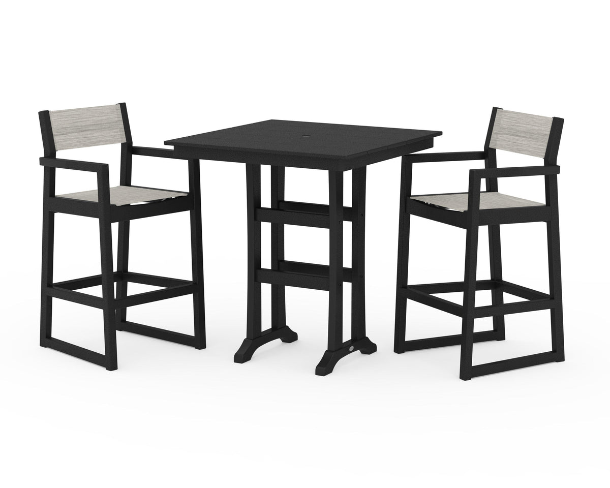 POLYWOOD EDGE Sling Arm Chair 3-Piece Farmhouse Bar Set with Trestle Legs in Black / Birch