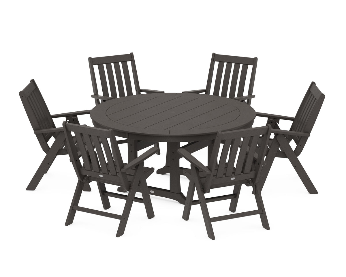 POLYWOOD Vineyard Folding 7-Piece Side Chair Round Dining Set in Vintage Coffee