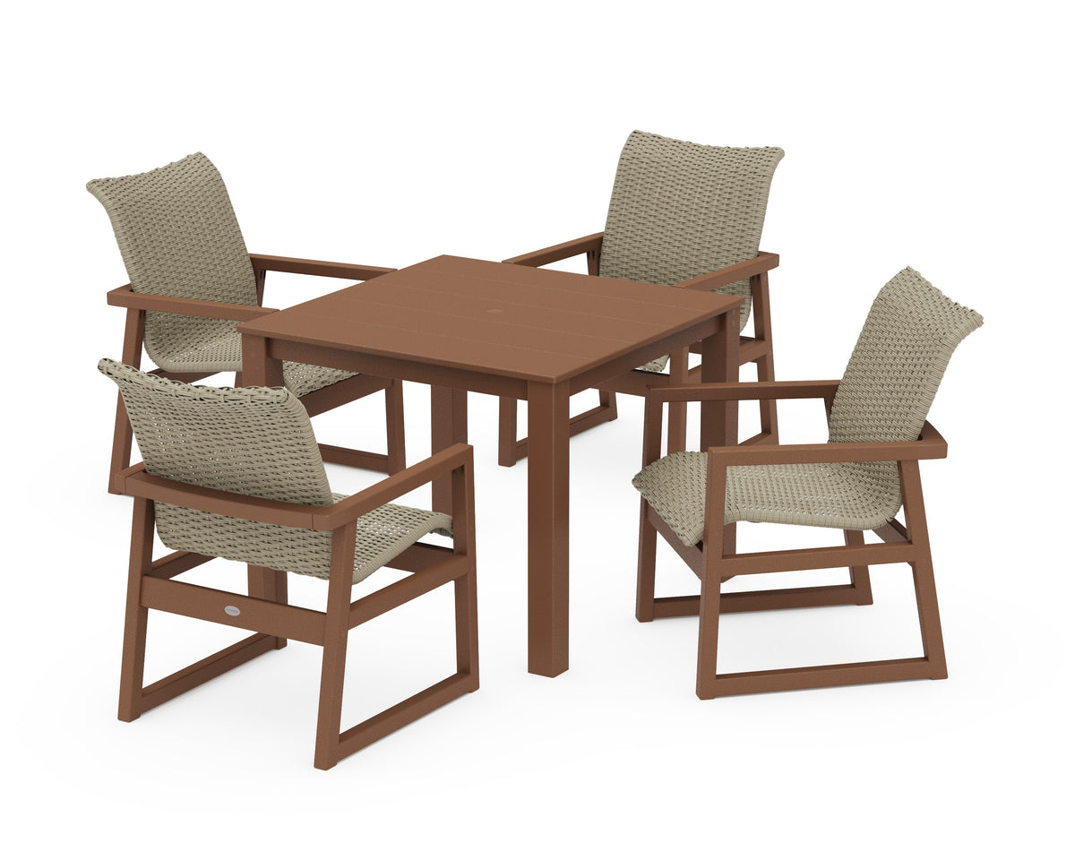 POLYWOOD EDGE Woven 5-Piece Parsons Dining Set in Teak / Dune Grass