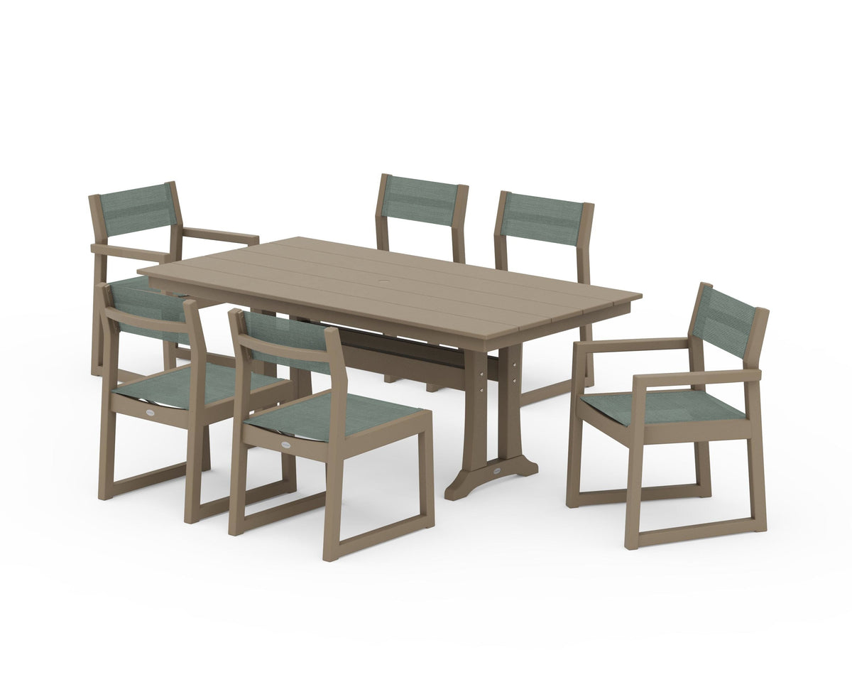 POLYWOOD EDGE Sling 7-Piece Farmhouse Trestle Dining Set in Vintage Sahara / Dupioni Sea Mist