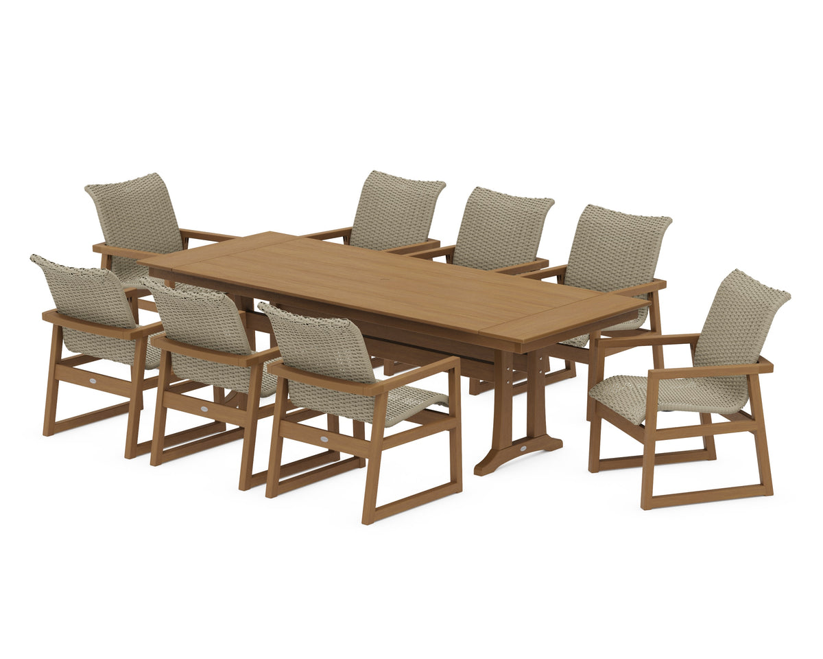 POLYWOOD EDGE Woven 9-Piece Farmhouse Dining Set with Trestle Legs in Natural / Dune Grass