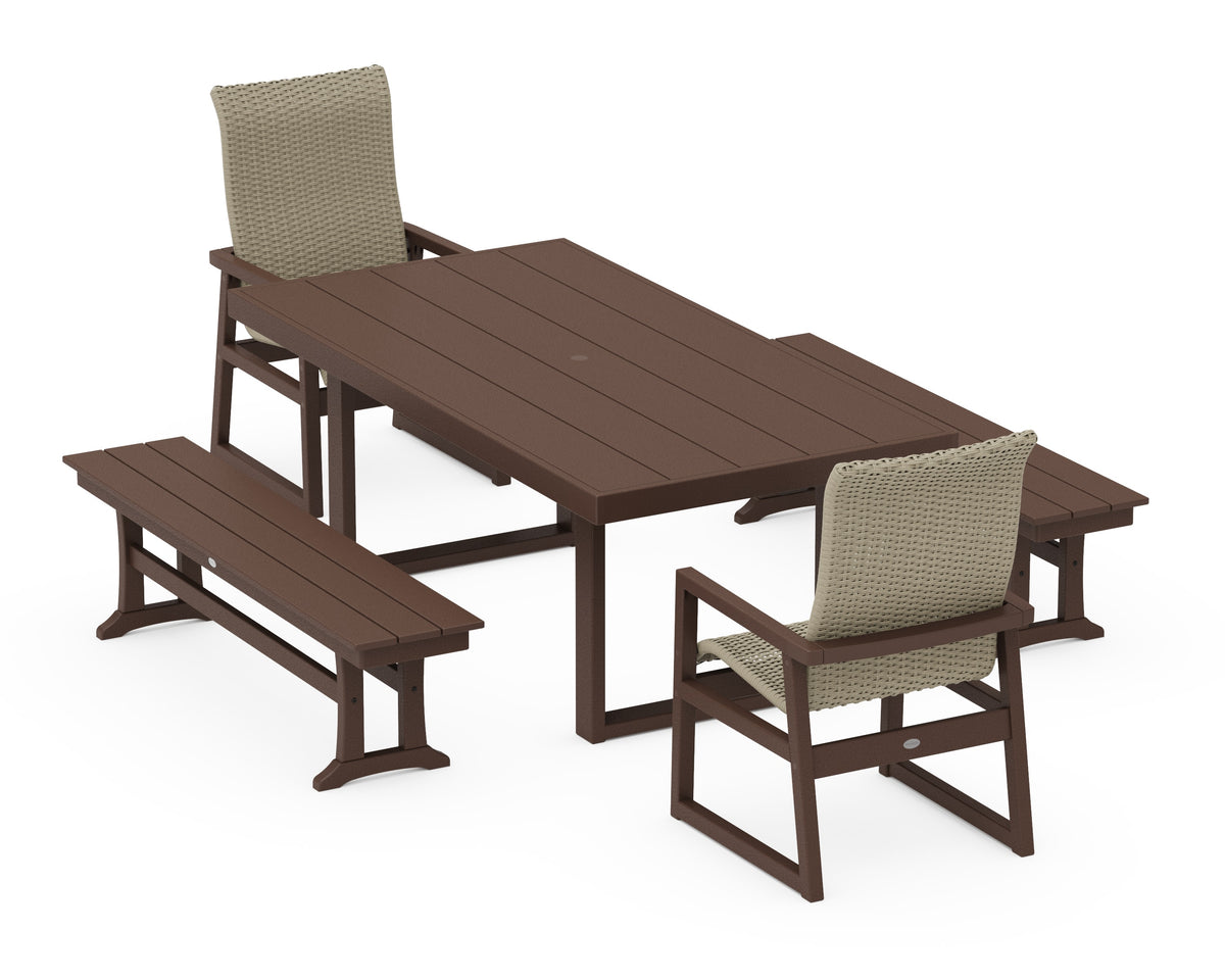 POLYWOOD EDGE Woven High-Back 5-Piece Dining Set with Benches in Mahogany / Dune Grass