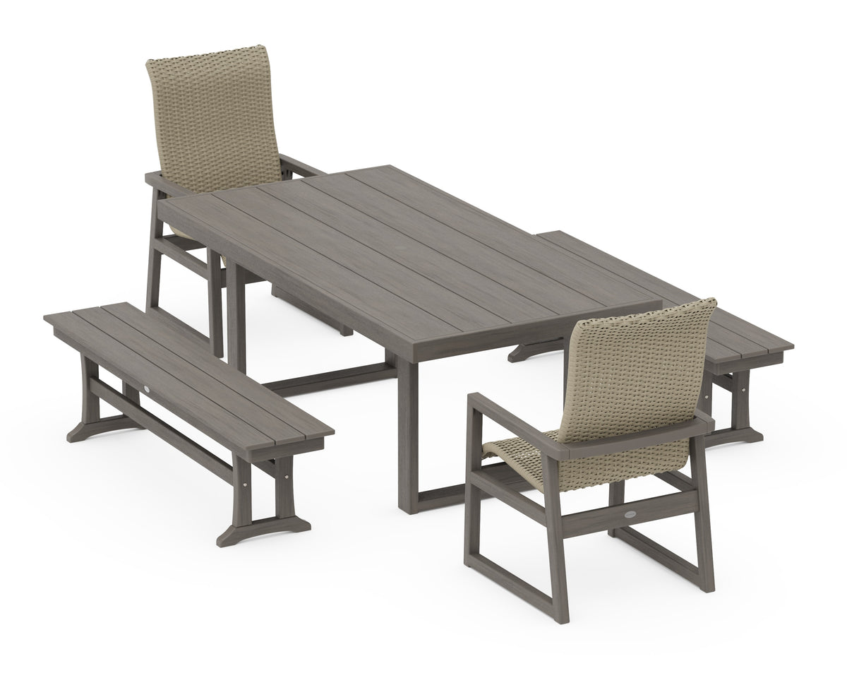 POLYWOOD EDGE Woven High-Back 5-Piece Dining Set with Benches in Driftwood / Dune Grass