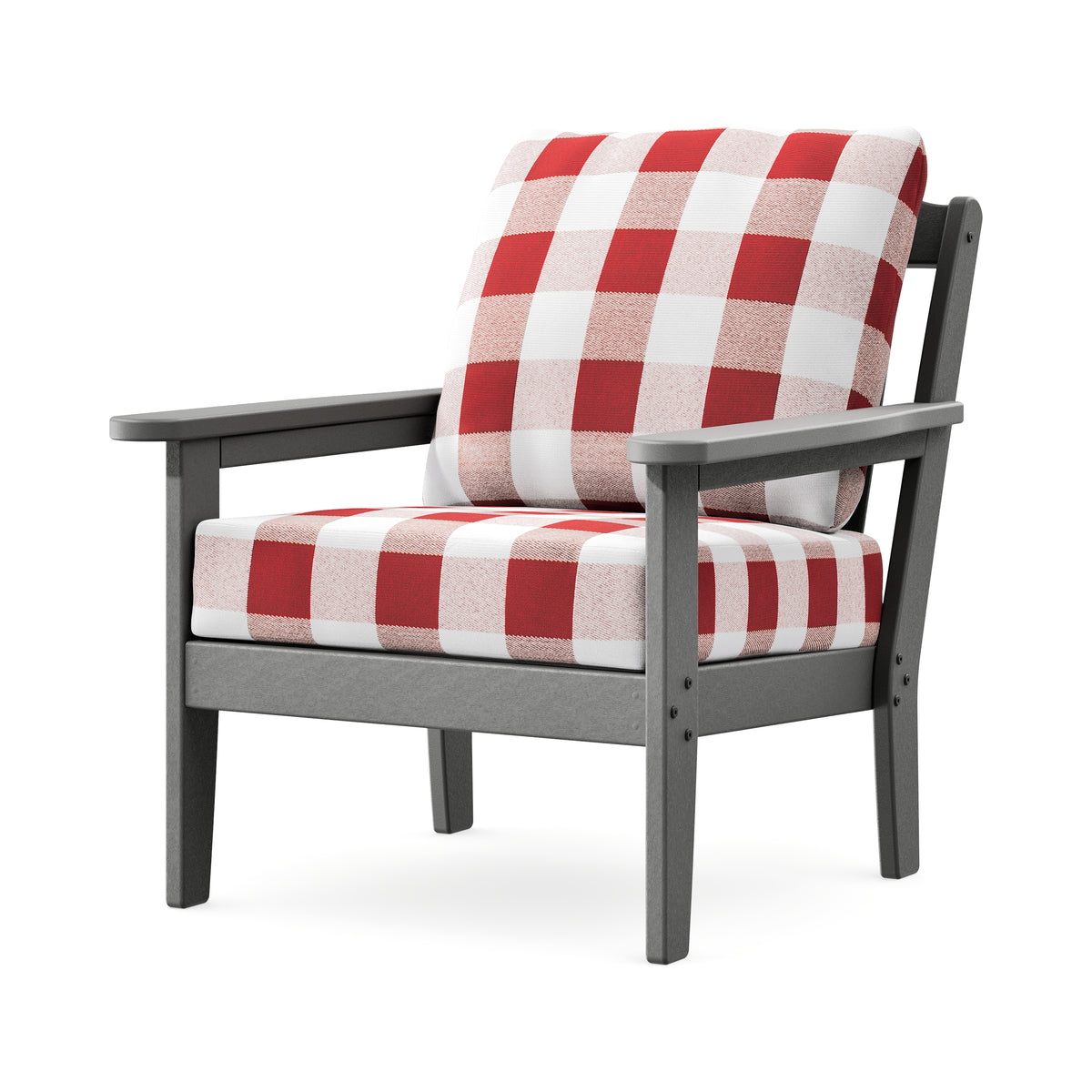 POLYWOOD Cottage Deep Seating Chair in Slate Grey / Buffalo Plaid Crimson