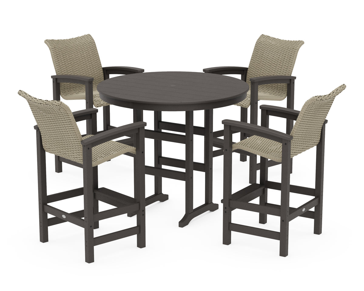 POLYWOOD Coastal Woven 5-Piece Round Farmhouse Bar Set in Vintage Coffee / Dune Grass