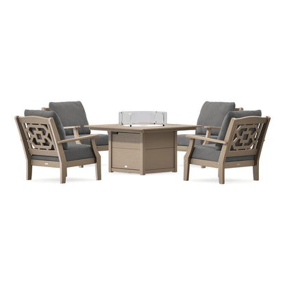 POLYWOOD Chinoiserie 5-Piece Deep Seating Set with Fire Pit Table in Vintage Sahara