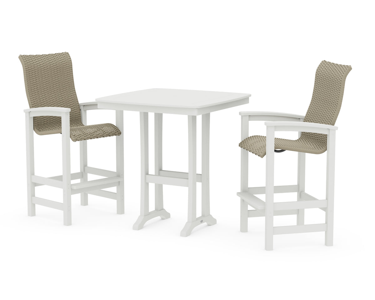 POLYWOOD Coastal Woven High-Back 3-Piece Bar Set in Vintage White / Dune Grass
