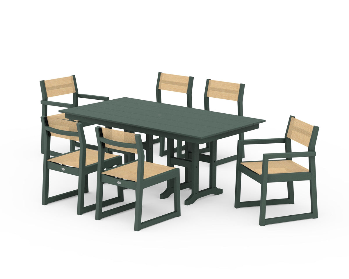 POLYWOOD EDGE Sling 7-Piece Farmhouse Dining Set in Green / Dupioni Apricot