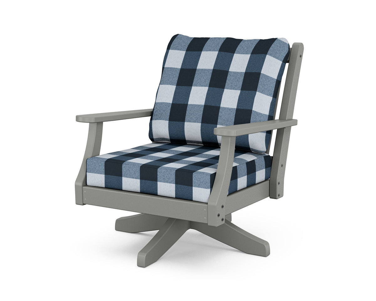 POLYWOOD Wovendale Deep Seating Swivel Chair in Slate Grey / Buffalo Plaid Marine Indigo