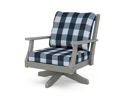 POLYWOOD Wovendale Deep Seating Swivel Chair in Slate Grey / Buffalo Plaid Marine Indigo