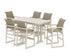POLYWOOD EDGE Woven Arm Chair 7-Piece Farmhouse Bar Set with Trestle Legs in Sand / Dune Grass