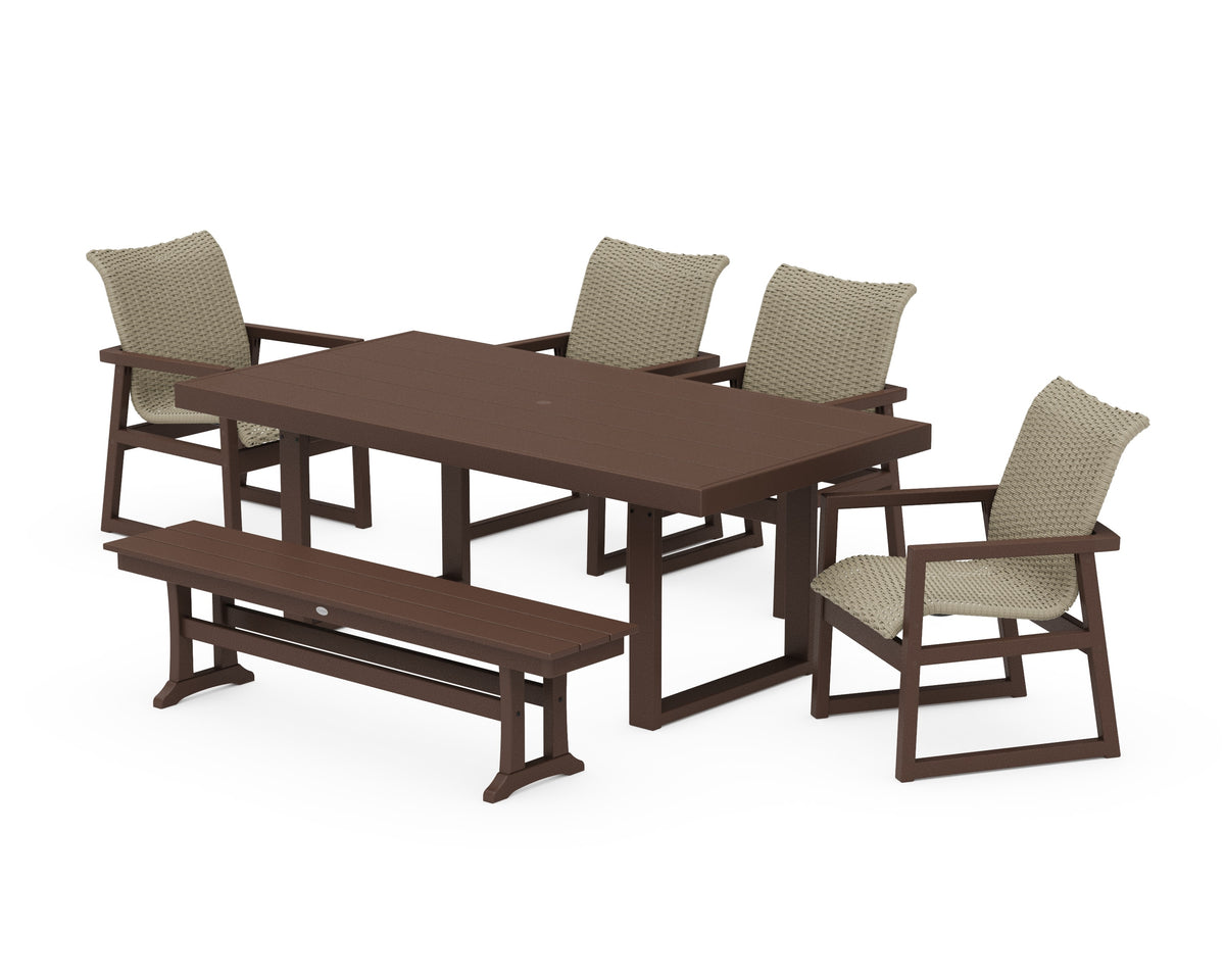 POLYWOOD EDGE Woven 6-Piece Dining Set with Bench in Mahogany / Dune Grass