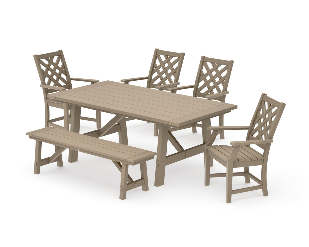 POLYWOOD Wovendale 6-Piece Rustic Farmhouse Dining Set with Bench in Vintage Sahara