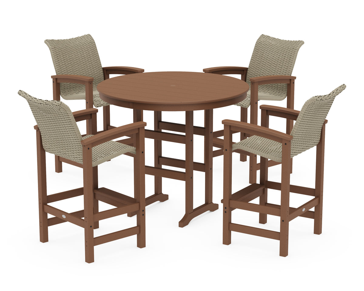 POLYWOOD Coastal Woven 5-Piece Round Farmhouse Bar Set in Teak / Dune Grass