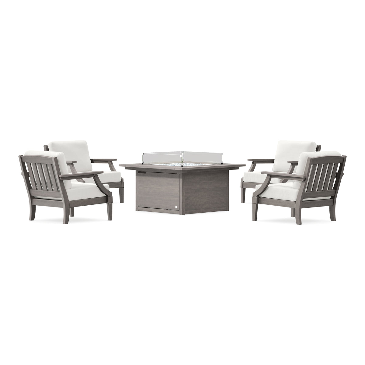 POLYWOOD PW Designer Series Estate 5-Piece Lounge Fire Table Set in Driftwood / Natural Linen