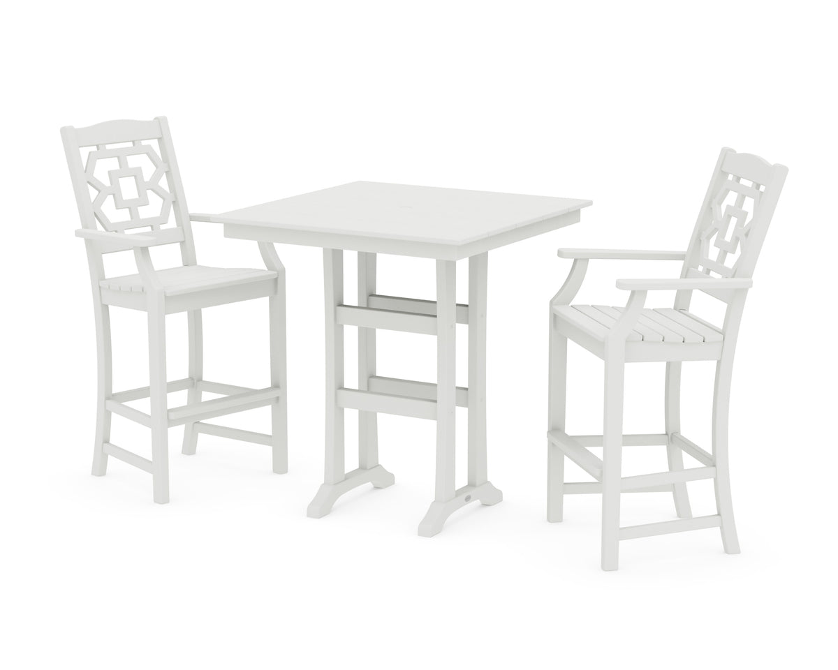 POLYWOOD Chinoiserie 3-Piece Farmhouse Bar Set with Trestle Legs in Vintage White