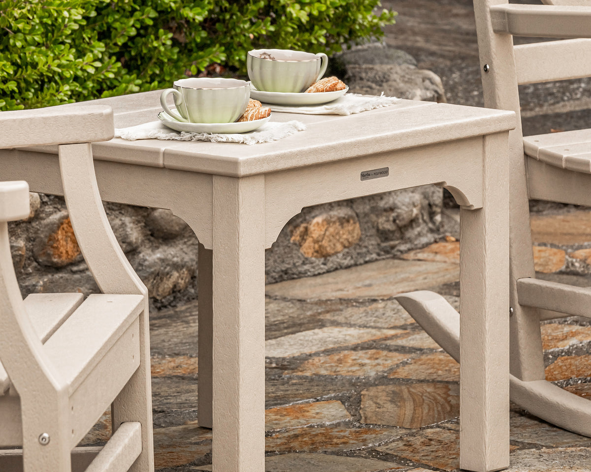 POLYWOOD Chinoiserie 3-Piece Rocking Chair Set in an outdoor setting