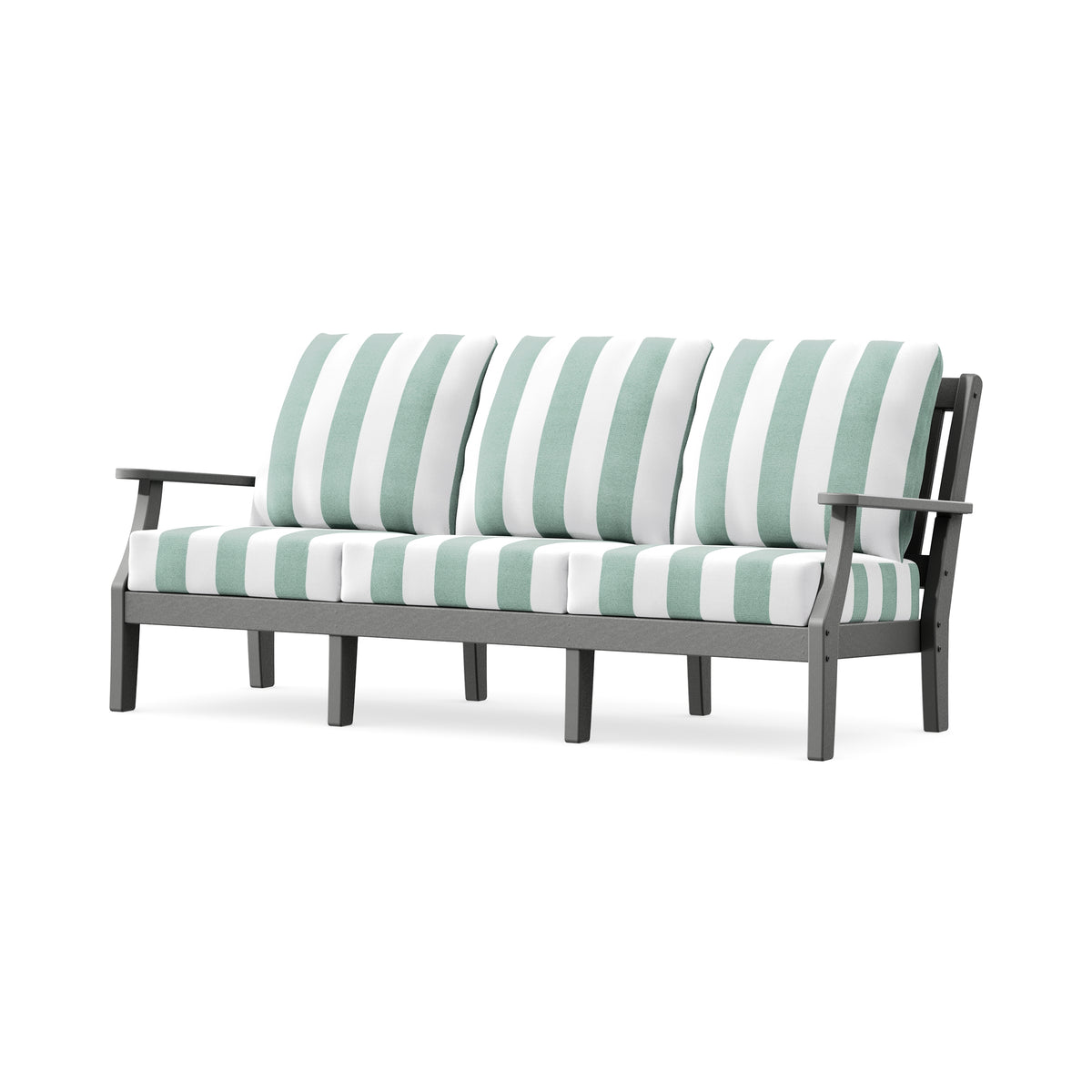 POLYWOOD Chinoiserie Deep Seating Sofa in Slate Grey / Cabana Stripe Glacier Spa