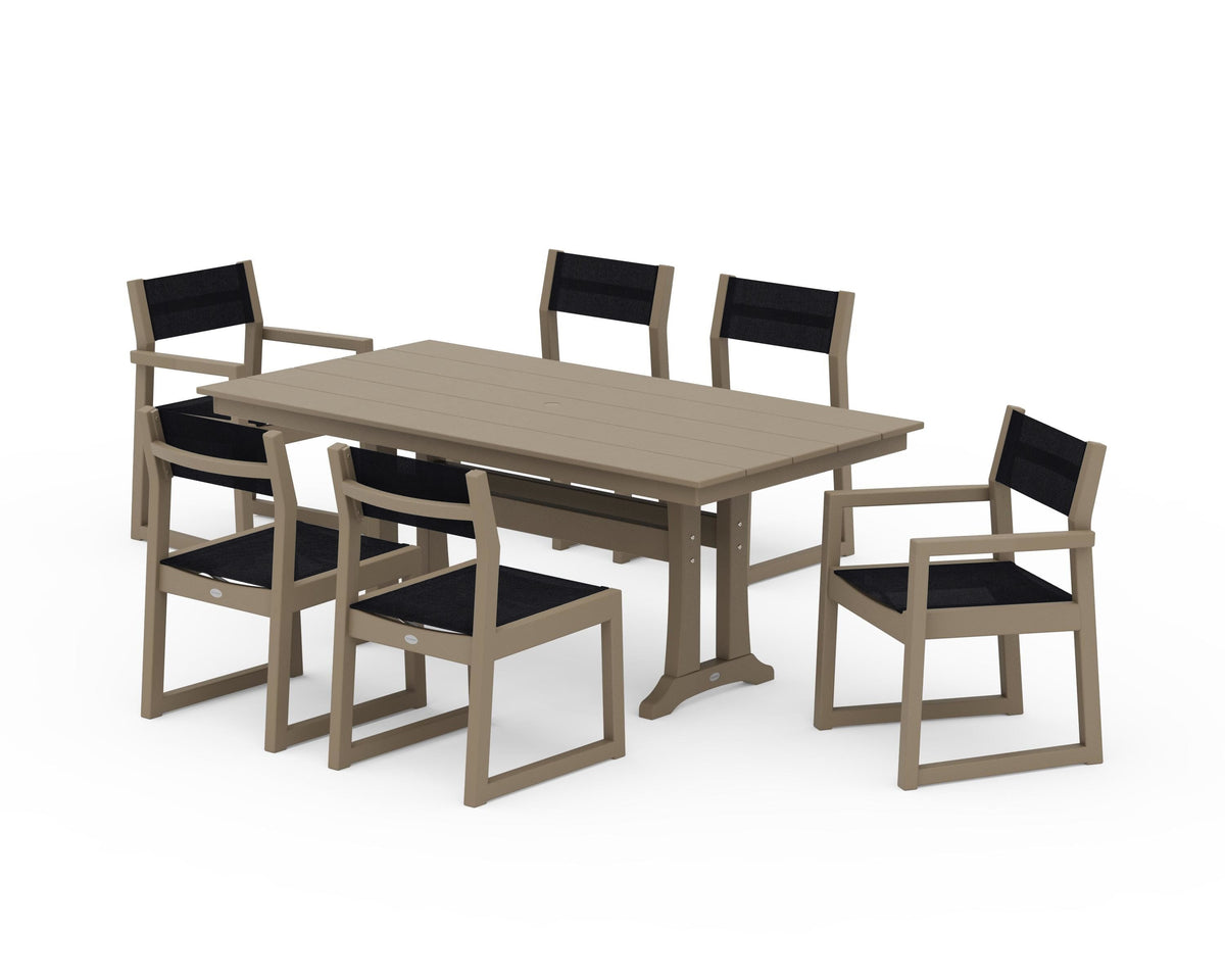 POLYWOOD EDGE Sling 7-Piece Farmhouse Trestle Dining Set in Vintage Sahara / Black