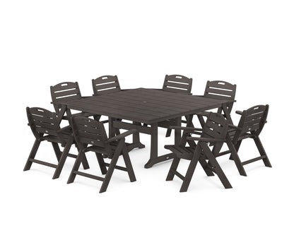 POLYWOOD Nautical Lowback 9-Piece Square Farmhouse Dining Set with Trestle Legs in Vintage Coffee