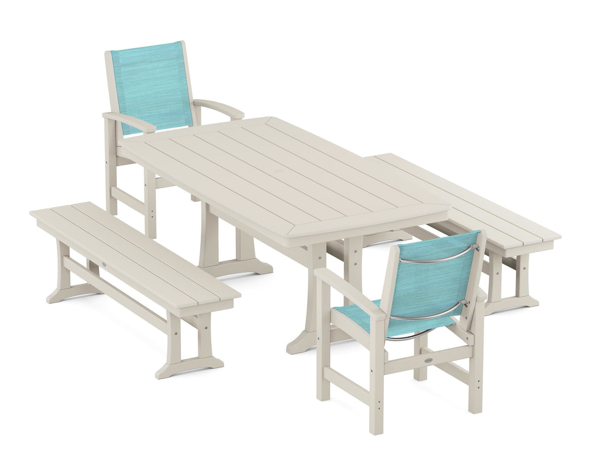 POLYWOOD Coastal 5-Piece Dining Set with Trestle Legs and Benches in Sand / Dupioni Aquamarine