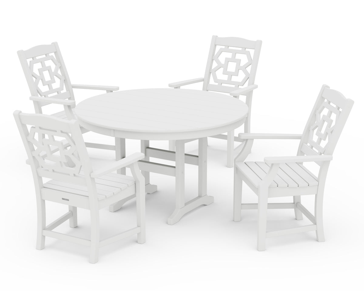 POLYWOOD Chinoiserie 5-Piece Round Farmhouse Dining Set in White