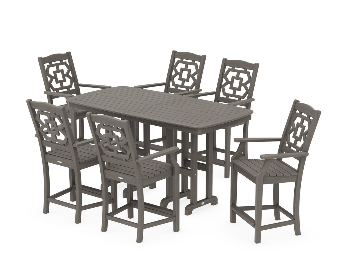 POLYWOOD Chinoiserie Arm Chair 7-Piece Counter Set in Driftwood
