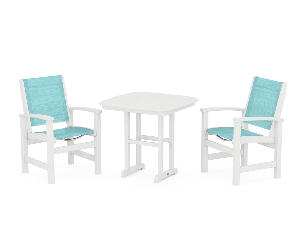 POLYWOOD Coastal 3-Piece Dining Set in White / Dupioni Aquamarine