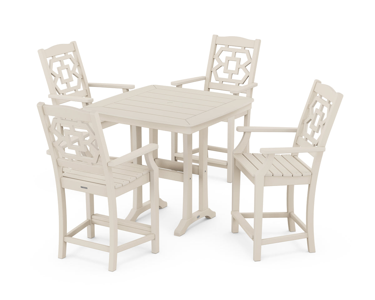 POLYWOOD Chinoiserie 5-Piece Counter Set with Trestle Legs in Sand
