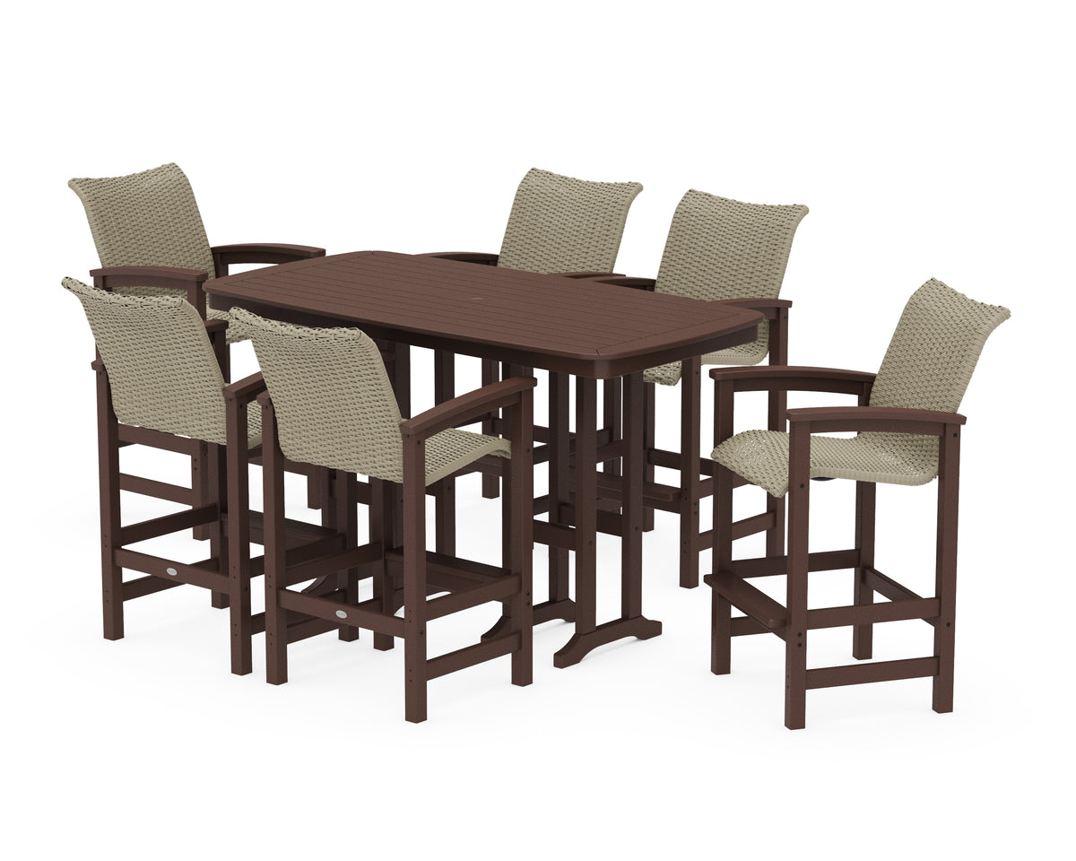 POLYWOOD Coastal Woven Arm Chair 7-Piece Bar Set in Mahogany / Dune Grass