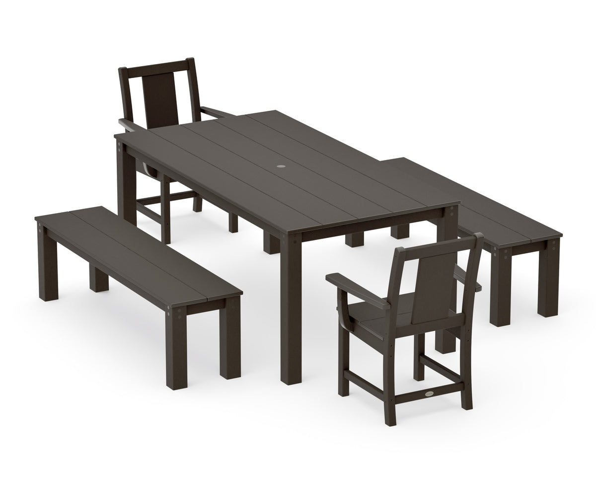 POLYWOOD Prairie 5-Piece Parsons Dining Set with Benches in Vintage Coffee
