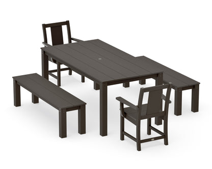 POLYWOOD Prairie 5-Piece Parsons Dining Set with Benches in Vintage Coffee