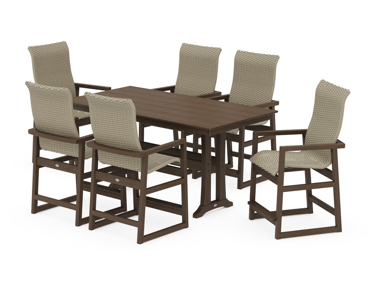 POLYWOOD EDGE Woven Highback Arm Chair 7-Piece Farmhouse Counter Set with Trestle Legs in Kona / Dune Grass