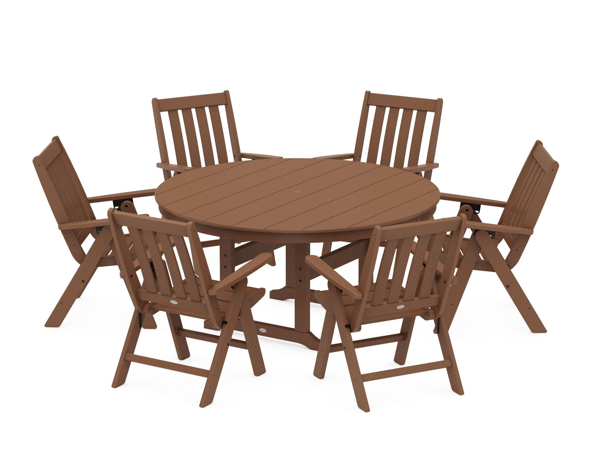 POLYWOOD Vineyard 7-Piece Folding Chair Round Farmhouse Dining Set in Teak