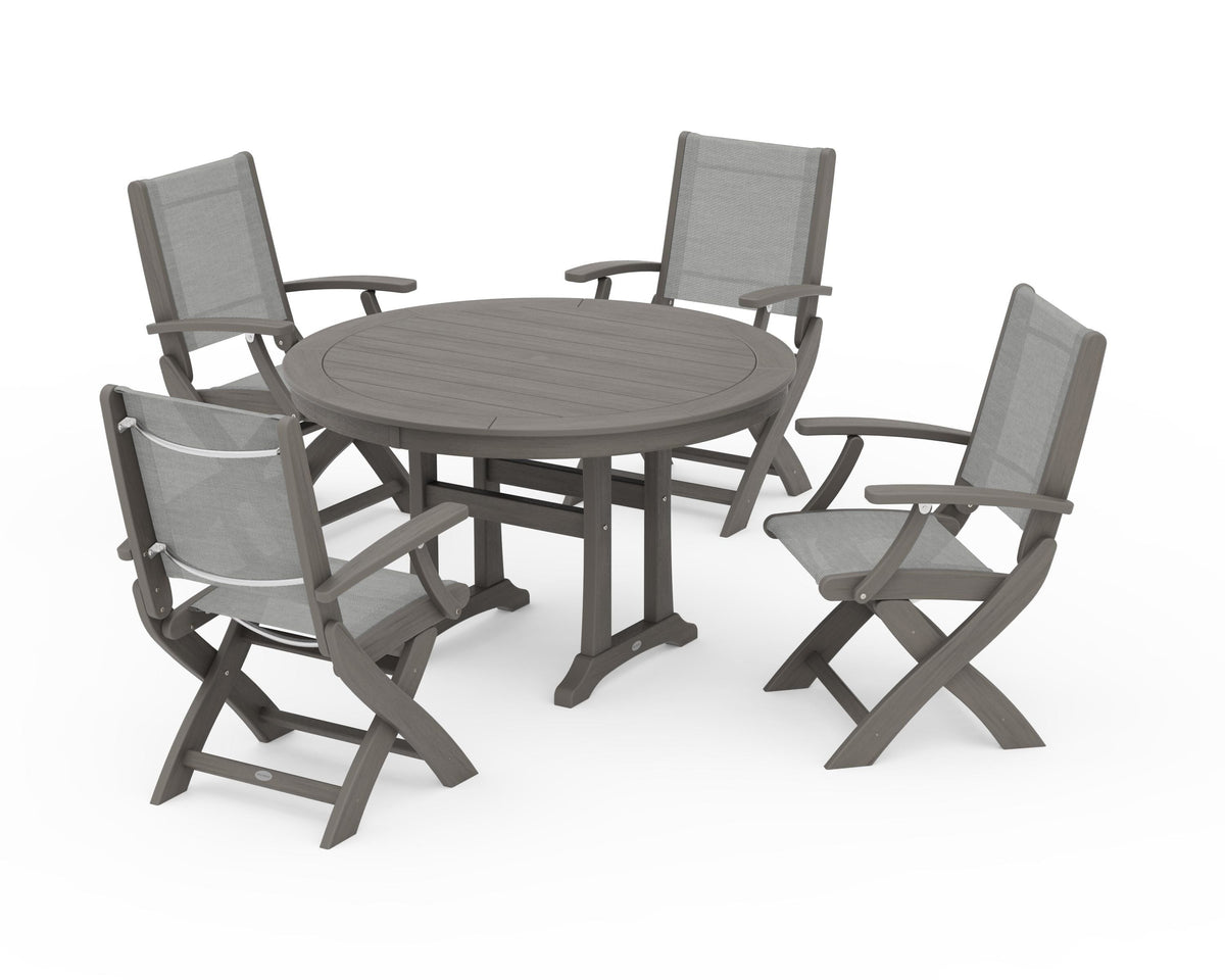 POLYWOOD Coastal Folding Chair 5-Piece Round Dining Set with Trestle Legs in Driftwood / Metallic