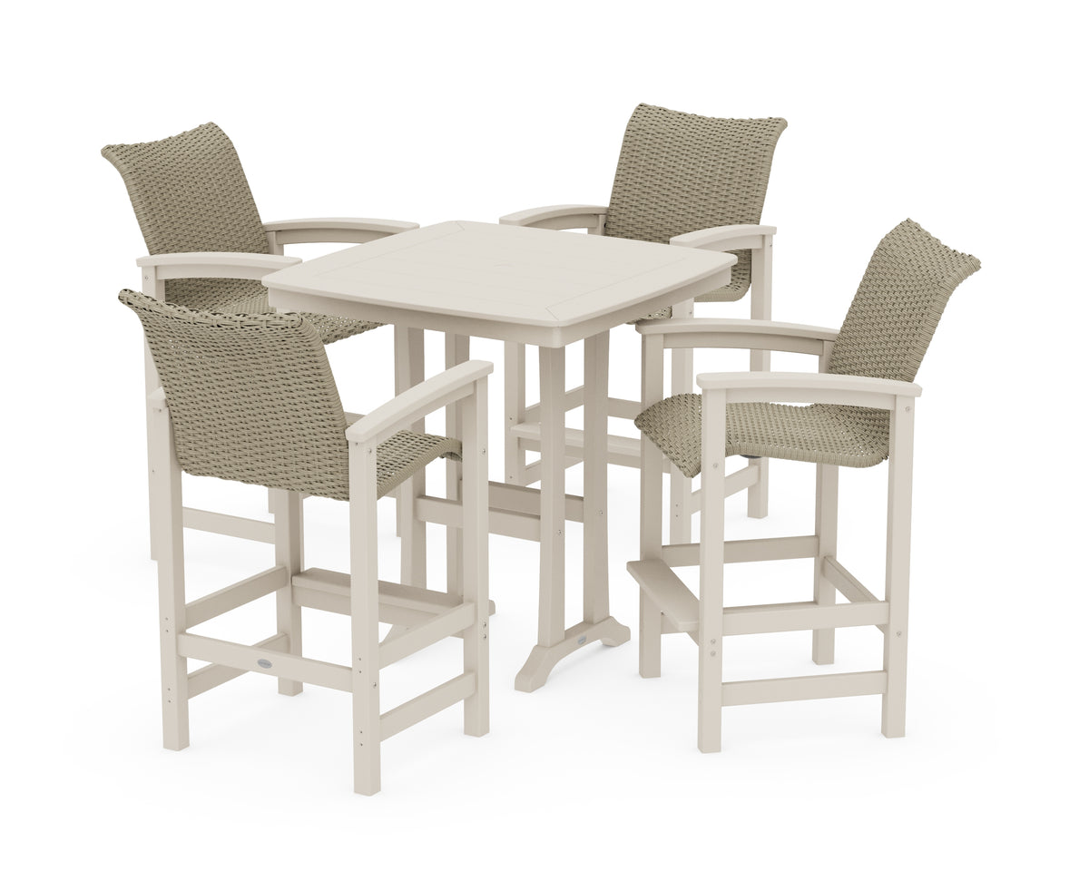 POLYWOOD Coastal Woven 5-Piece Bar Set with Trestle Legs in Sand / Dune Grass