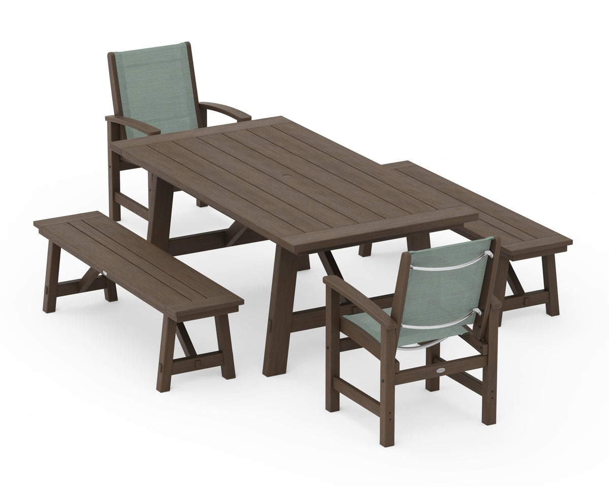 POLYWOOD Coastal 5-Piece Rustic Farmhouse Dining Set With Benches in Kona / Dupioni Sea Mist