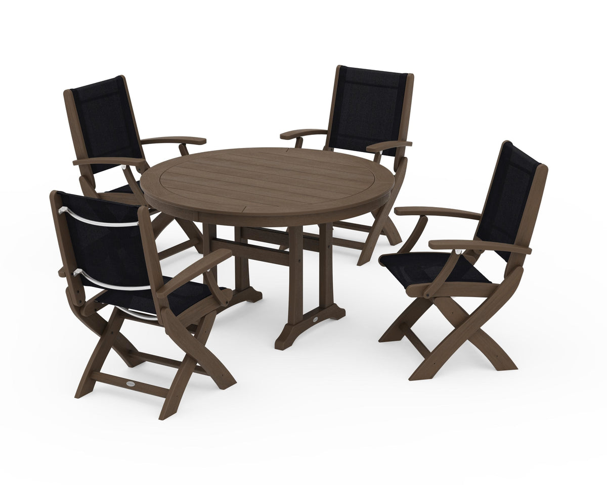 POLYWOOD Coastal Folding Chair 5-Piece Round Dining Set with Trestle Legs in Kona / Black